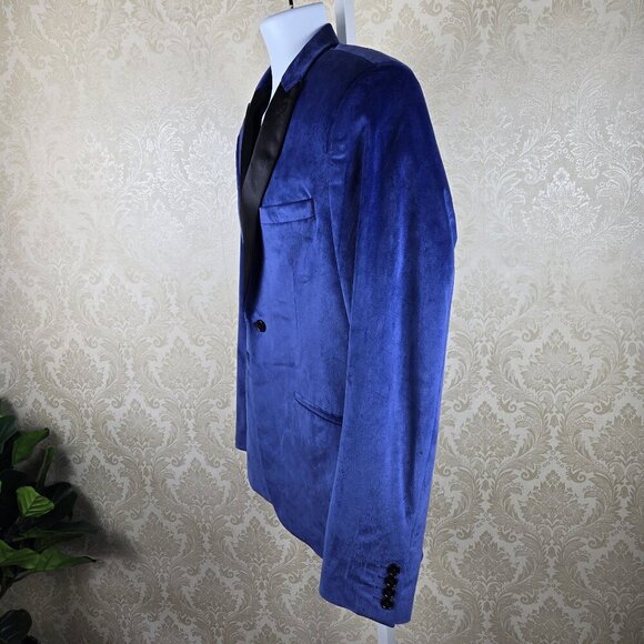 Guess Size Medium Blue Velvet Blazer 1 Button Front Black Satin Lapels 3 Pocket - Picture 5 of 15